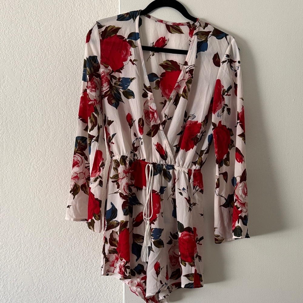 Floral Long Sleeve Romper - Red and White